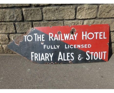 A Friary Ales & Stout 'To the Railway Hotel' directional enamel sign, 52 x 18".