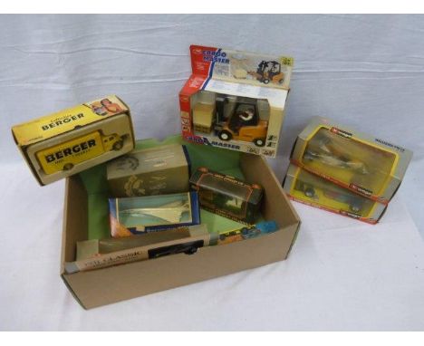 A box of assorted die-cast models, various makes including Burago, Corgi etc.  