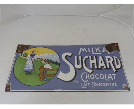 A Continental Milka Suchard 'Chocolat au Lait Concentre' convex pictorial enamel sign, 19 3/4 x 9 3/4".