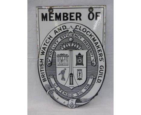 A British Watch and Clockmakers' Guild double sided hanging enamel sign, with excellent gloss, 12 x 18 1/2".