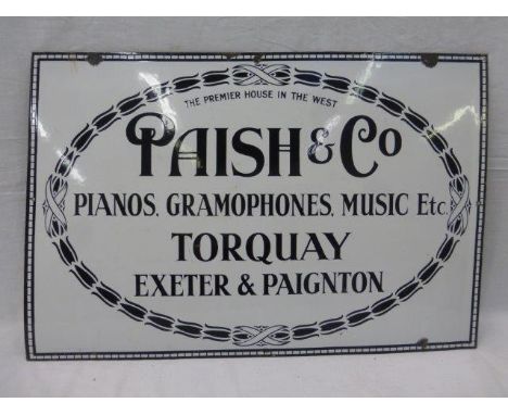 A rare 'Parish & Co. Pianos, Gramophones, Music etc.' of Torquay, Exeter & Paignton rectangular enamel sign in excellent cond