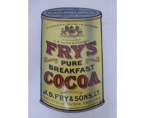 A small Fry's Pure Breakfast Cocoa die-cut can shaped enamel sign, with re-touched edges, 16 1/2 x 10 3/4".