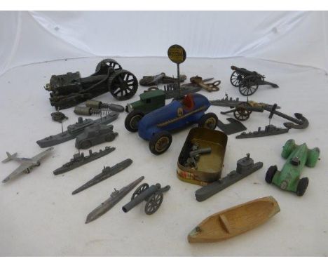 A quantity of early die-cast including model ships, also Britains military vehicles and a Schuco clockwork car etc. 
