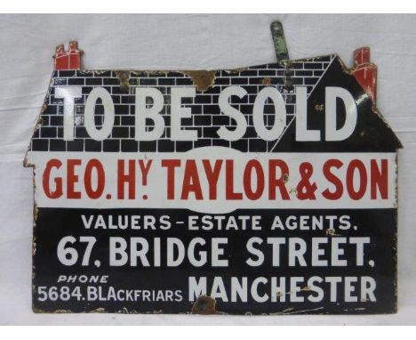 A Geo. Hy. Taylor & Son 'To be sold' house shaped double sided hanging enamel sign, 25x 17 3/4".