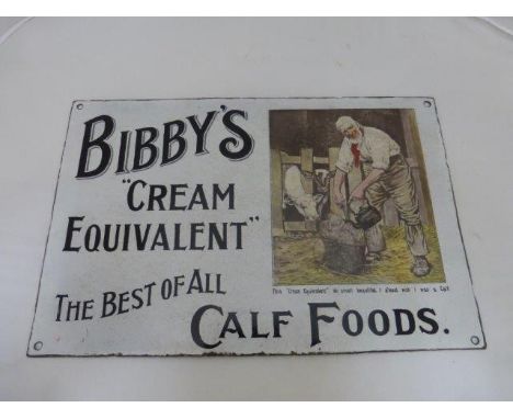 A rare Bibby's 'Cream Equivalent' Calf Foods part pictorial enamel sign, with some areas of retouching and restoration, 17 1/