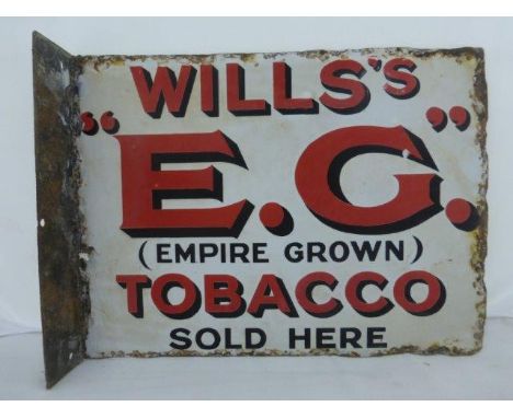 A Wills's E.G. (Empire Grown) Tobacco double sided enamel sign with hanging flange, 11 3/4 x 9".