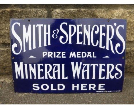 A Smith & Spencer's Prize Medal Mineral Waters Sold Here rectangular enamel sign by Wildman & Meguyer Ltd, Birmingham, 18 x 1