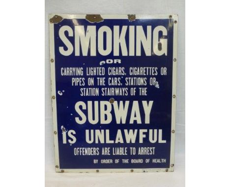 A rare American enamel sign - 'Smoking on the cars, stations or station stairways of the subway is unlawful', by Baltimore en