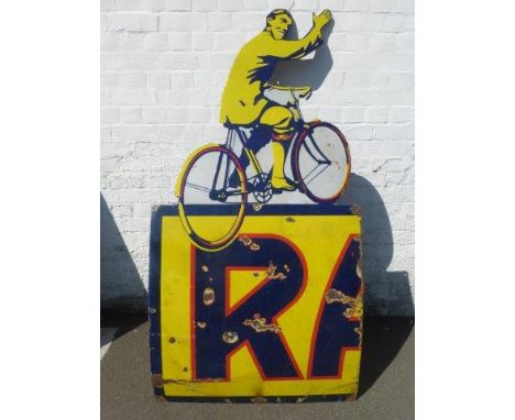 A Raleigh Cycles pictorial die-cut colourful enamel sign, with some restorations, 36 x 72".