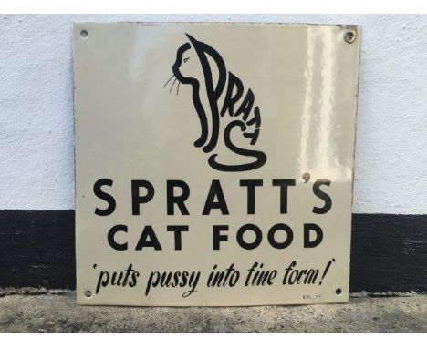 A Spratt's Cat Food part pictorial enamel sign 'puts pussey into fine form!', with three re-touched corners, 12 x 12".