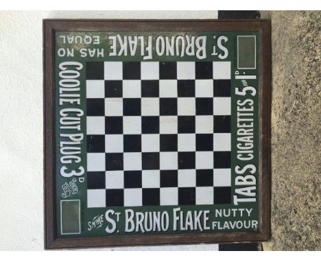 A St. Bruno Flake green, black and white enamel chess board sign, set within an oak frame by Protector, 18 3/4 x 19".