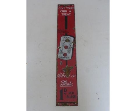 A rare Cheer-i-o Blade narrow enamel sign, 1D per blade, 3 x 17 1/2".