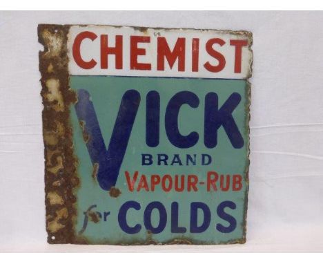 A Vick brand 'Vapour-Rub' for colds rectangular double sided enamel sign, with flattened hanging flange, 16 3/4 x 17 3/4".