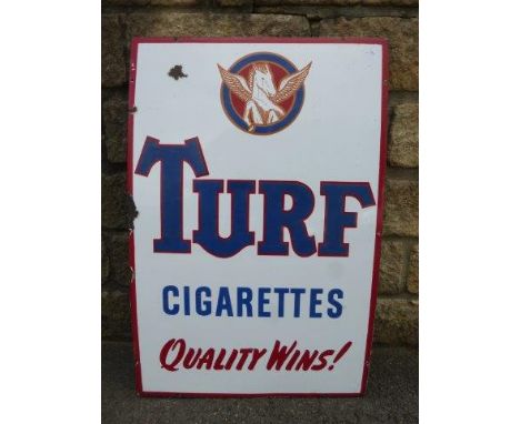 A Turf Cigarettes rectangular enamel sign 'Quality Wins!' with good gloss, 20 x 30 1/4".