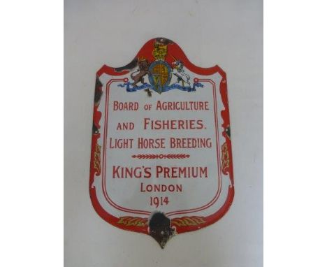 A Board of Agriculture and Fisheries 'Light Horse Breeding', King's Premium London 1914 shield shaped enamel sign, 9 3/4 x 15