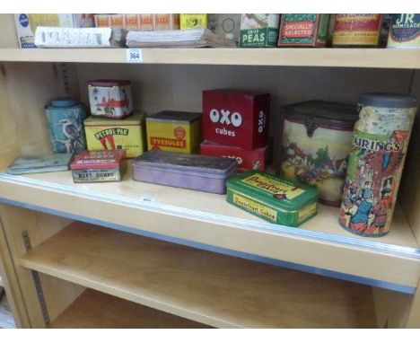 Yesterday's World Museum Grocers - a shelf of early tins including Shell Tyesules, Beef Cubes and an early Trelawney 'Furry D