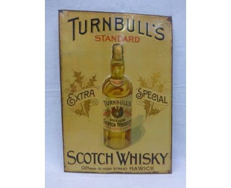 A Turnbull's Standard Scotch Whisky pictorial embossed tin advertising sign, 12 1/2 x 18".