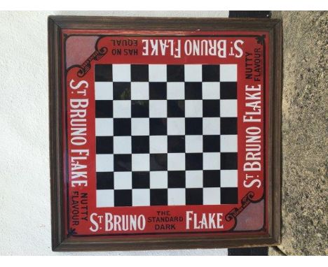 A St. Bruno Flake red, black and white enamel chessboard enamel sign by Protector, in near mint condition, oak framed, 19 1/4