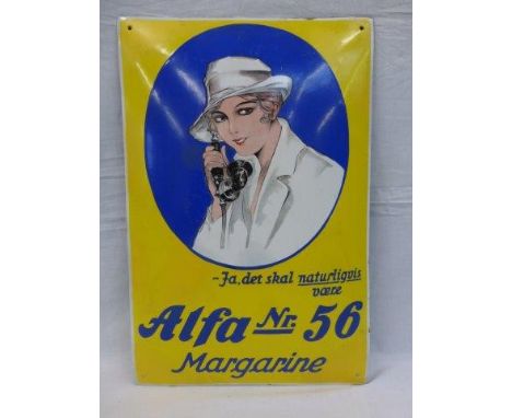 An Alfa Margarine pictorial convex enamel sign, the central oval image depicting a lady on the telephone, several areas of re