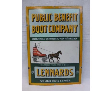 A Lennards Public Benefit Boot Company pictorial enamel sign, with restorations, 13 1/2 x 19 1/2".