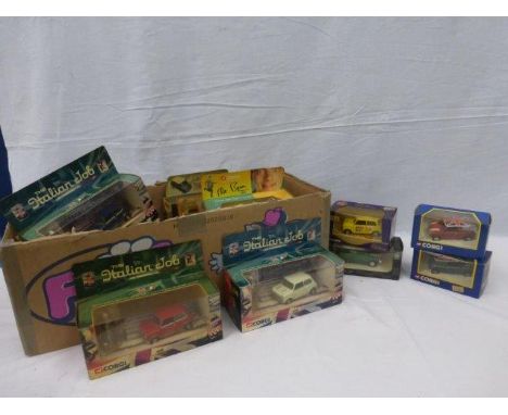 A box of assorted die-cast models, various makes all relating to Minis including three boxed Corgi models, The Italian Job se