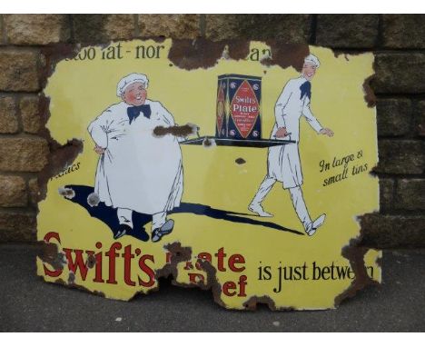 A Swift's Plate Beef pictorial enamel sign depicting two men carrying a tray with a tin to the centre, 48 x 35".