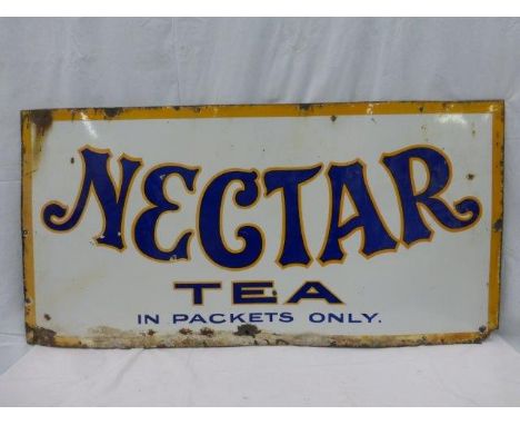A Nectar Tea 'in packets only' rectangular enamel sign of unusual 'fairground style' orange and blue lettering, 48 x 24".
