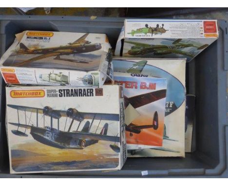 A large box of model kits relating to aviation, mostly Airfix, Matchbox and Revell.