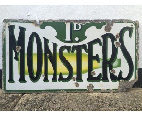 A Monsters Lemonade double sided hanging enamel sign, 24 x 13".