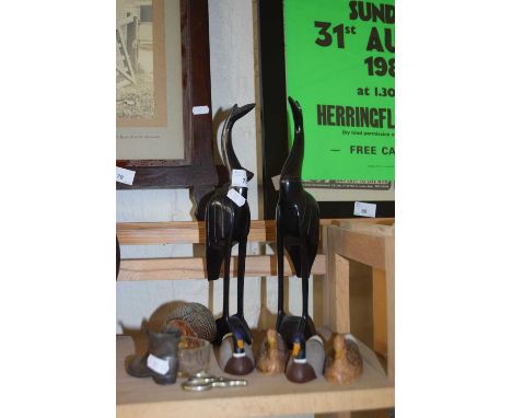 Mixed Lot: A Wade hedgehog trinket box, wooden model ducks, further hardwood model cranes and other items