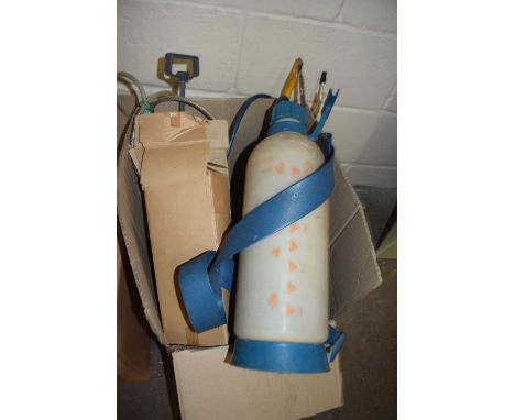 Box of mixed items to include weed sprayers, assorted tools etc