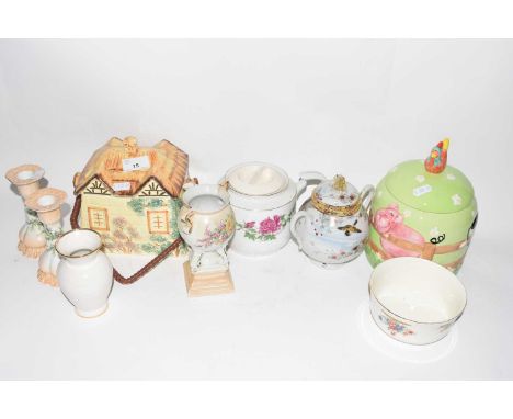 Mixed Lot: Various assorted ceramics to include biscuit barrels, Japanese sugar basin, dressing table candlesticks etc
