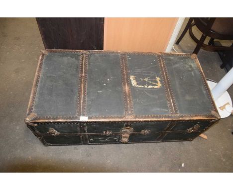 Vintage metal bound trunk marked J N Allen RAF 659 bearing plate marked 'Innovation'