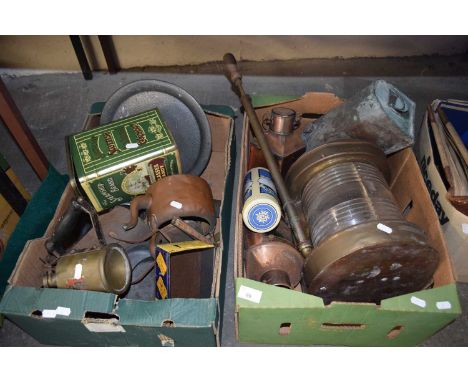 Mixed lot to include a vintage ships lantern, copper kettles, vintage blow torch, copper hot water bottle and other assorted 