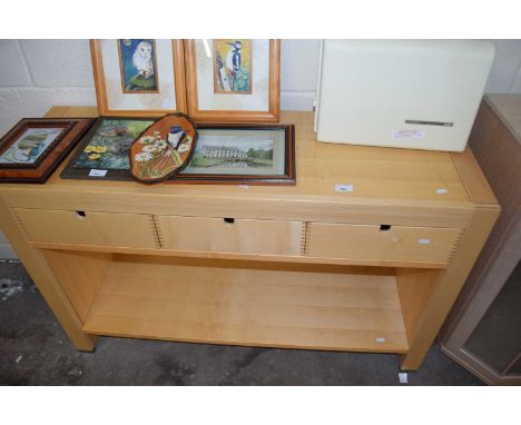 Modern light wood three drawer side table, 117cm wide
