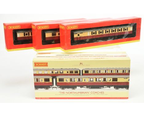 Hornby (China) R4228 "The Northumbrian" Coach Pack. Containing 3 x BR crimson and cream Gresley style Superdetail Coaches (Bu