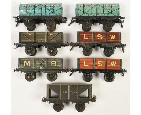 Bing Gauge 1 Group of unboxed wagons. To include LSW, MR &amp; LNWR open wagons, 2x "Shields &amp; Brown" tank wagons + 20 To