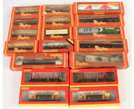 Hornby (China+GB) mixed group of Wagons to include 2x R6330B Transrail Sealion Hopper, 2x R6466 OTA Timber Wagons and others 