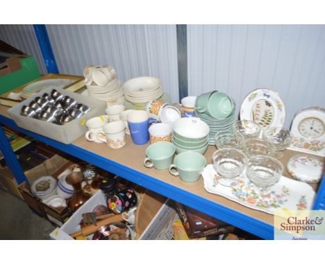 A quantity of various teaware; Aynsley dressing table items; a mantle clock and photo frame etc