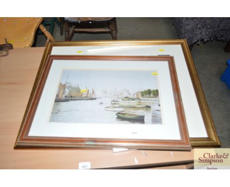A framed print "Our Town in 1933 (The Corn Hill Ipswich) by Leonard Squirrell together with a framed print "Ipswich Docks"