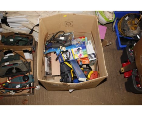 A box containing various hand tools; jigsaw etc