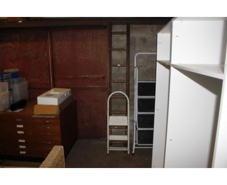 A wooden extending ladder and a set of steps 