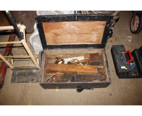 A pine tool box and contents of various hand tools