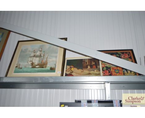 A framed commemorative embroidery together with a nude print and a pencil signed print of 'The Mary Rose off Southsea Castle'