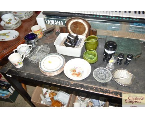 A quantity of miscellaneous china to include an oak Art Deco mantle clock; flat iron; Home Pride salt and pepper pots and a m