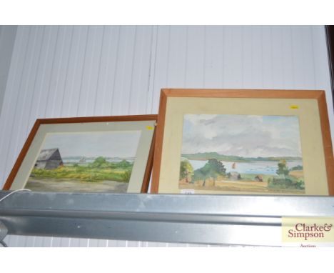 A watercolour study "View of Orwell Shotley" initial to bottom right together with an Enid R Timson, watercolour "Red Sale on