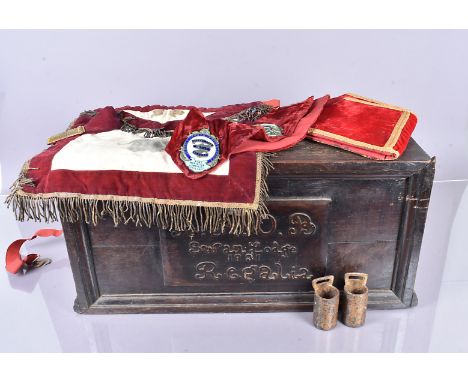 A ROAB Swan Lodge 1931 Regalia carved storage box, together with a sash, an apron and cuffs, plus two other items (parcel) 