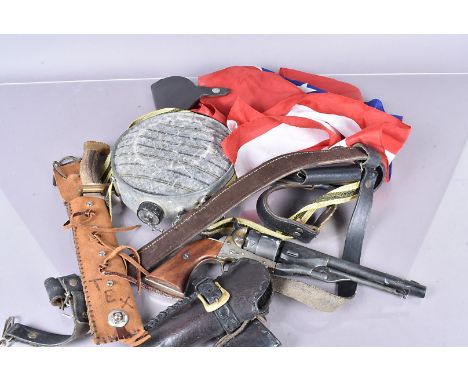 Western, a group of Western related items, including a replica revolver, holster, water flask, dagger, flag and more, this lo