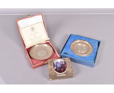 A silver box with oval portrait of Churchill, the wooden lined box dated London 1967 by Garrard &amp; Co Ltd,the printed port