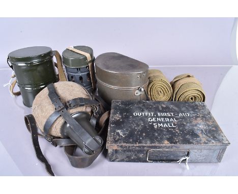 A War Period German Medics water bottle, together with a German canteen, a stove, a British First Aid Kit and other items (pa